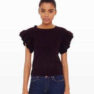 Club Monaco Eris ruffle sleeves maroon merino wool sweater Sz S frill
